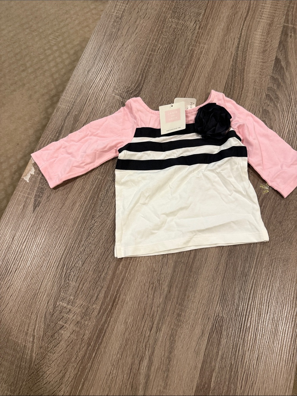 Janie and Jack Pink Sleeve Navy Stripe Top with Navy Flower